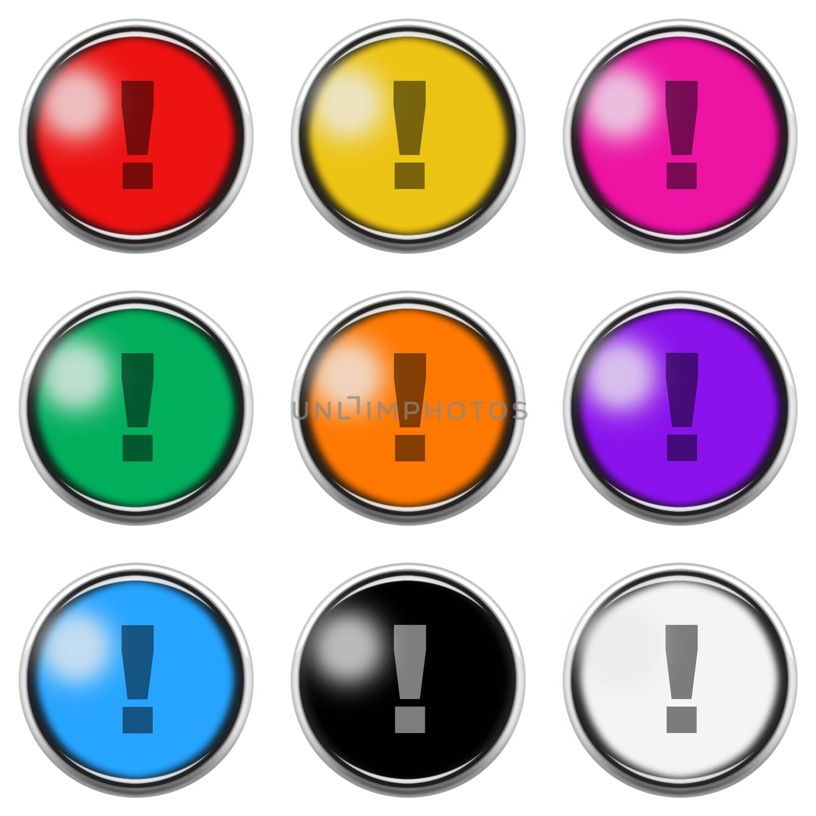 An exclamation point mark sign button icon set isolated on white with clipping path 3d illustration