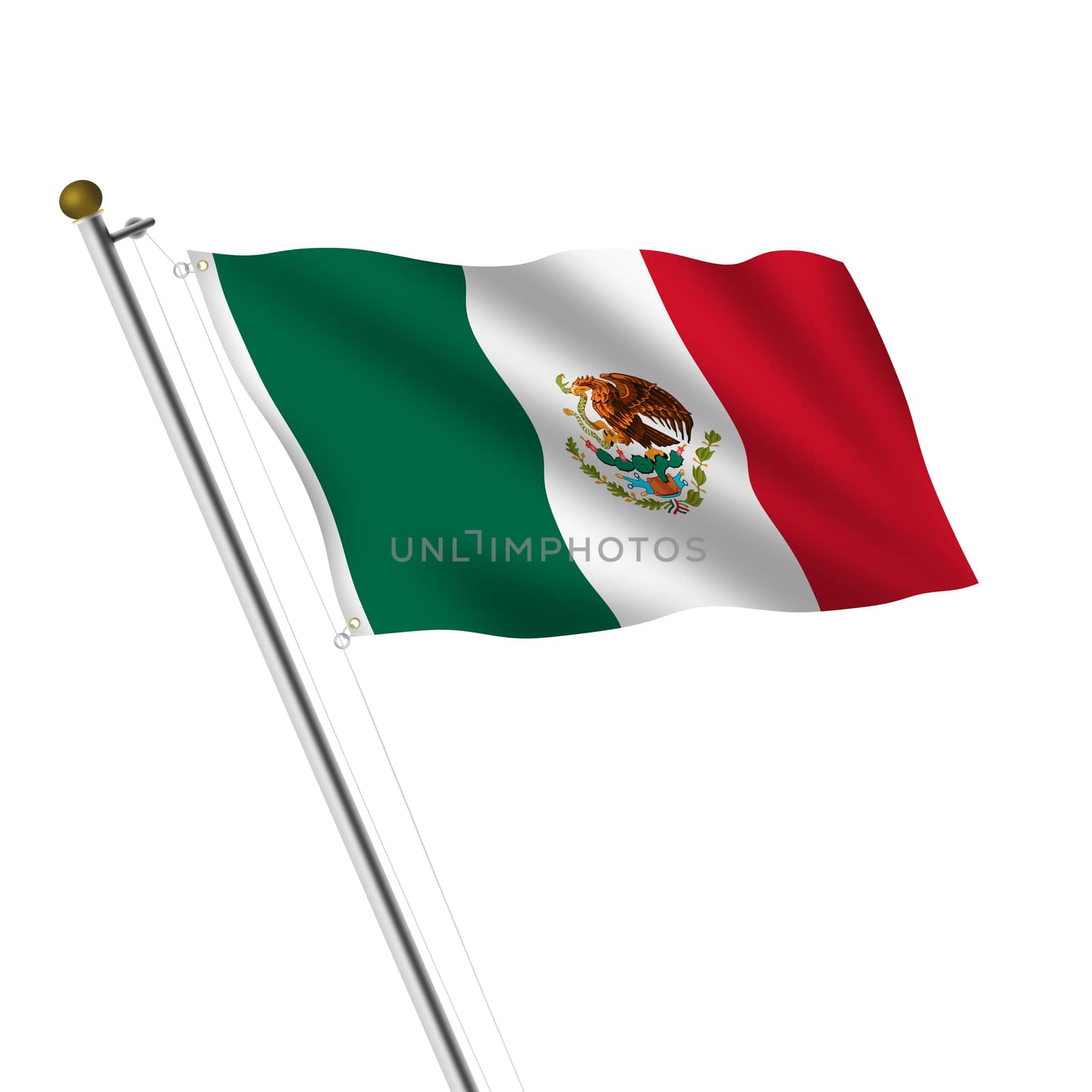 A Mexico Flagpole 3d illustration on white with clipping path
