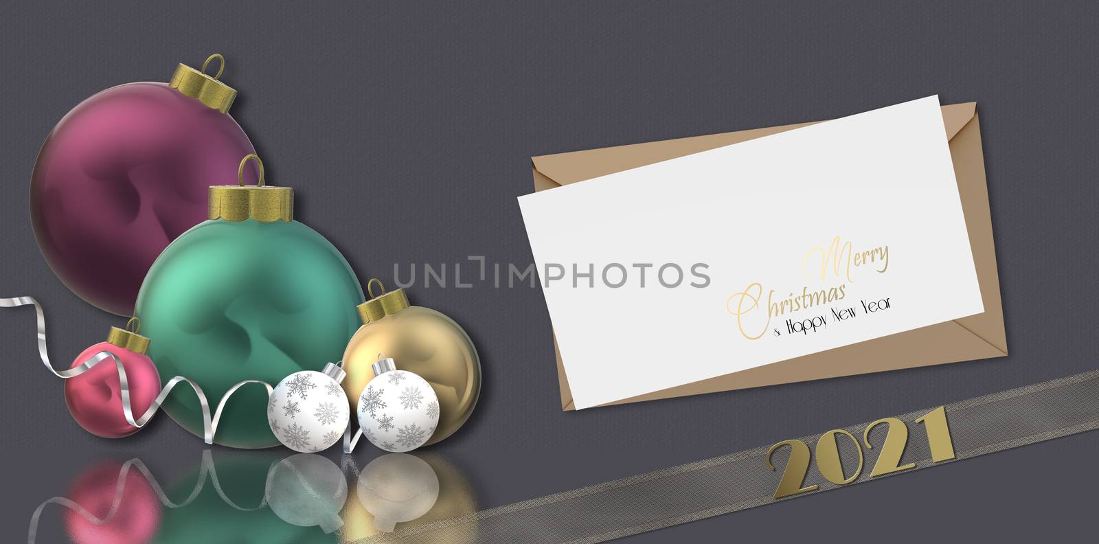 Horizontal 3D Christmas design with shiny realistic Xmas balls baubles with reflection, gold digit 2021, text Merry Christmas Happy New Year on brown black background. 3D render. Horizontal mock up