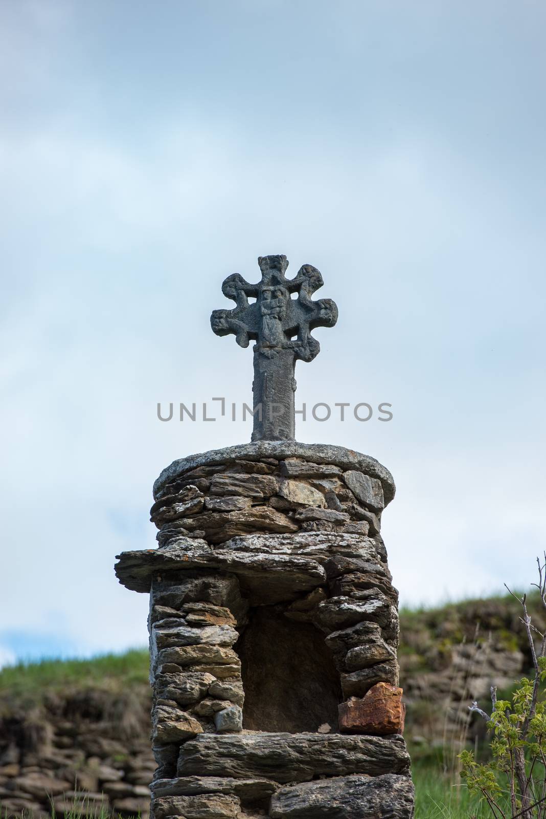 Beautiful view of the mountains and cross of the 7 arms of Andorra in Canillo.