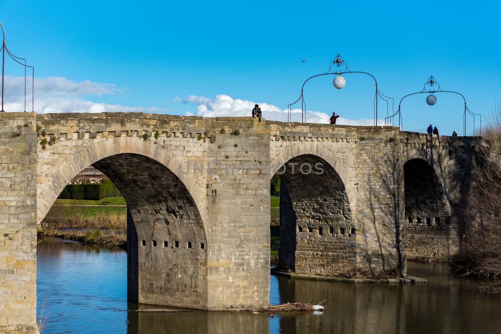 Carcassone, France : 2018 10 January: Polple in River Aude, Carcassonne Panorama of old city