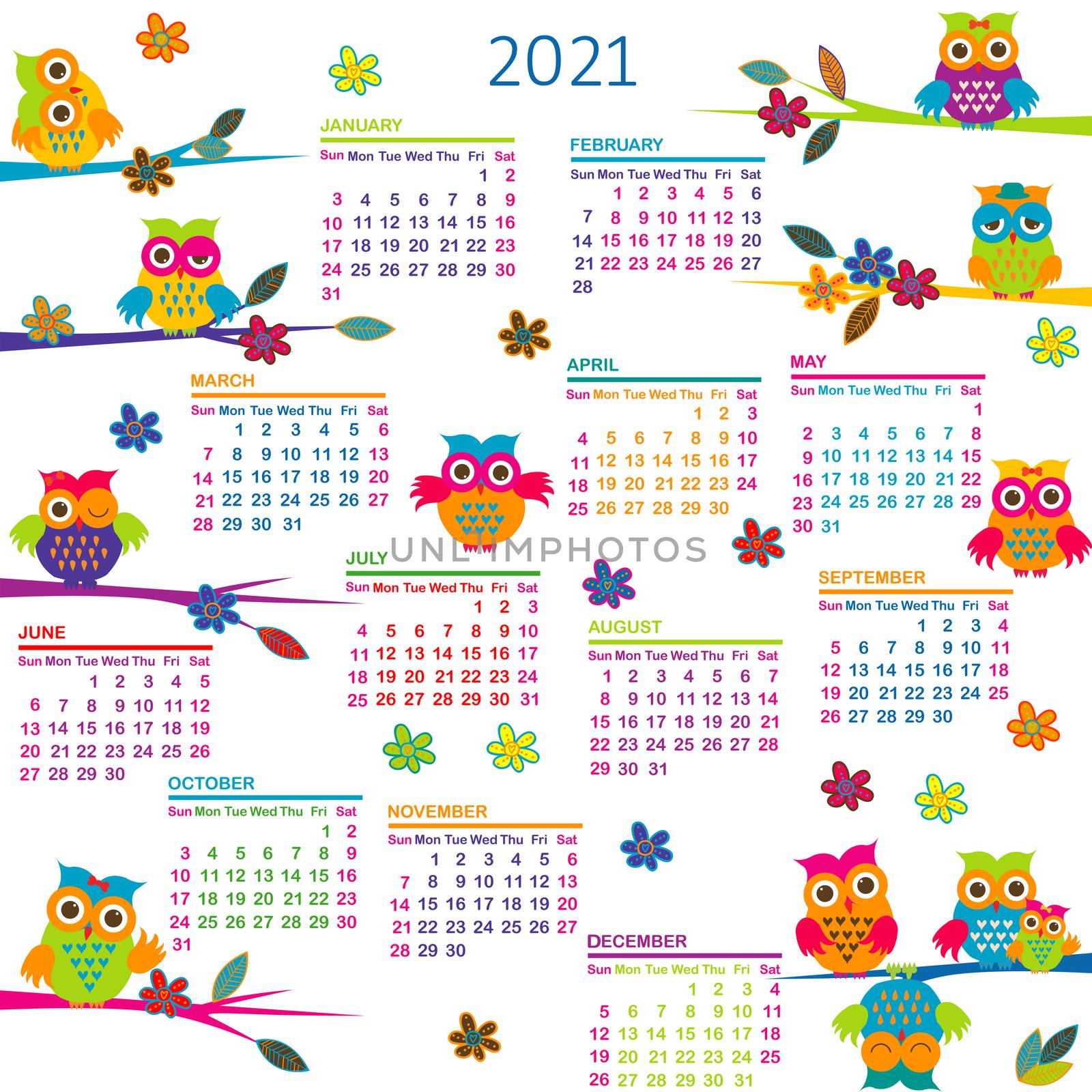 2021 Calendar with cartoon owls by hibrida13