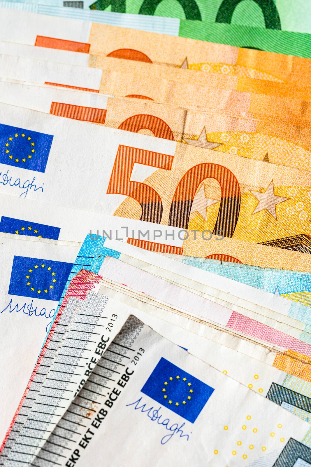 Close up of money euro banknotes, background of money euro isolated.