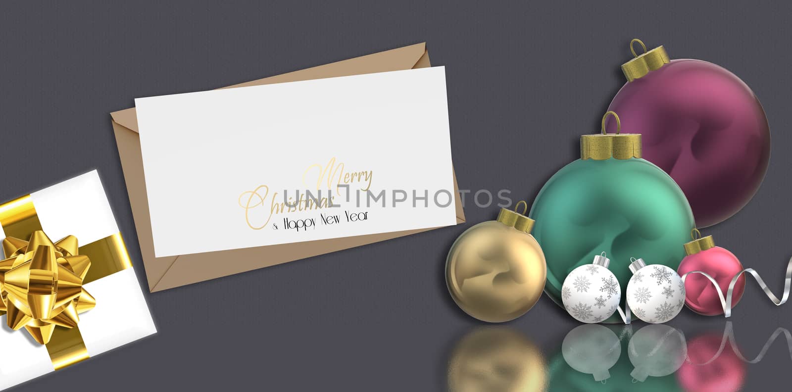 3D realistic Christmas design with realistic Xmas ball bauble, Xmas gift box with bow, text Merry Christmas Happy New Year on white envelope over dark brown. Horizontal 3D illustration. Place for text