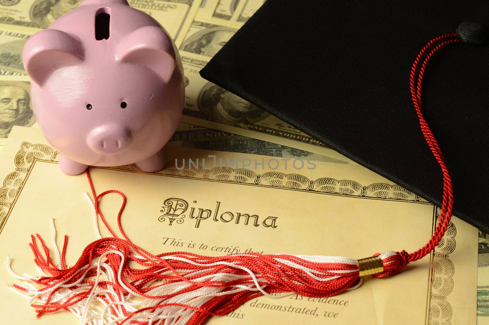 A conceptual image based on the financial aspects involved with obtaining a diploma certificate of graduation.