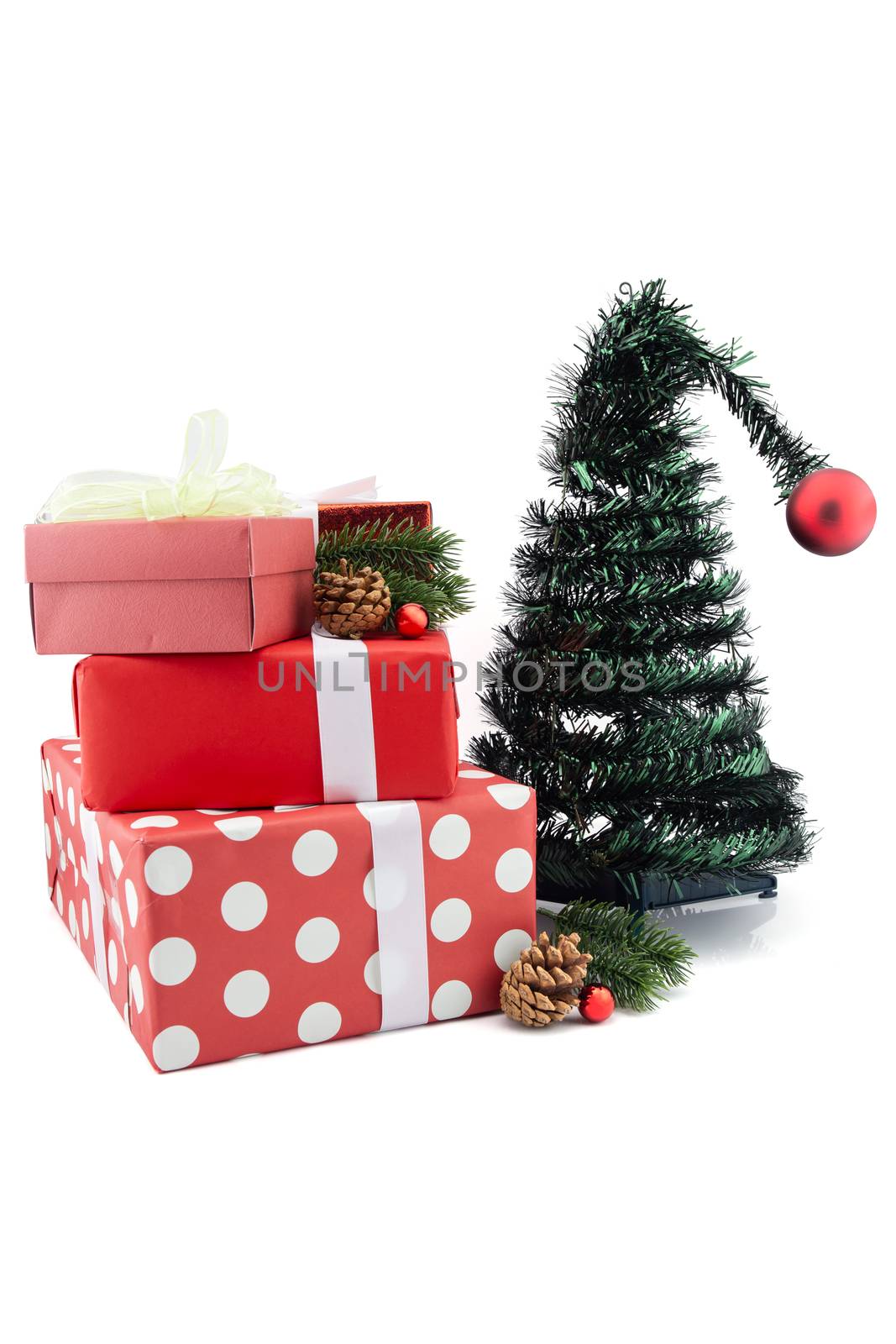 A lot of gift box with pine and pinecone in season Christmas and new year isolated on white background, group of present for birthday or anniversary with surprise in package for happy, holiday concept.