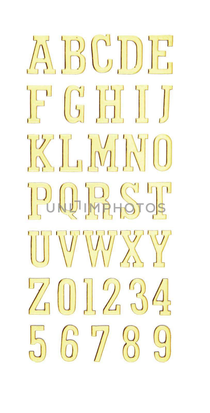 Full gold font english alphabet and number set isolated on white by nnudoo
