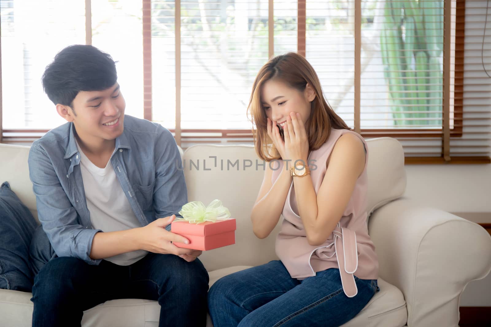 Young asian couple celebrate birthday together, asia man giving  by nnudoo