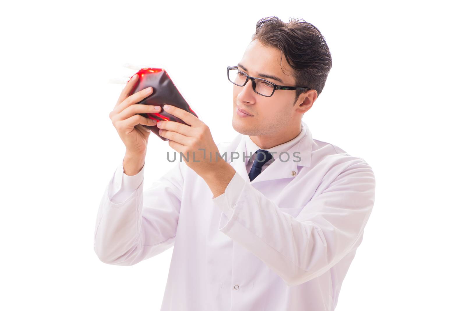 Doctor in blood donation concept isolated on white