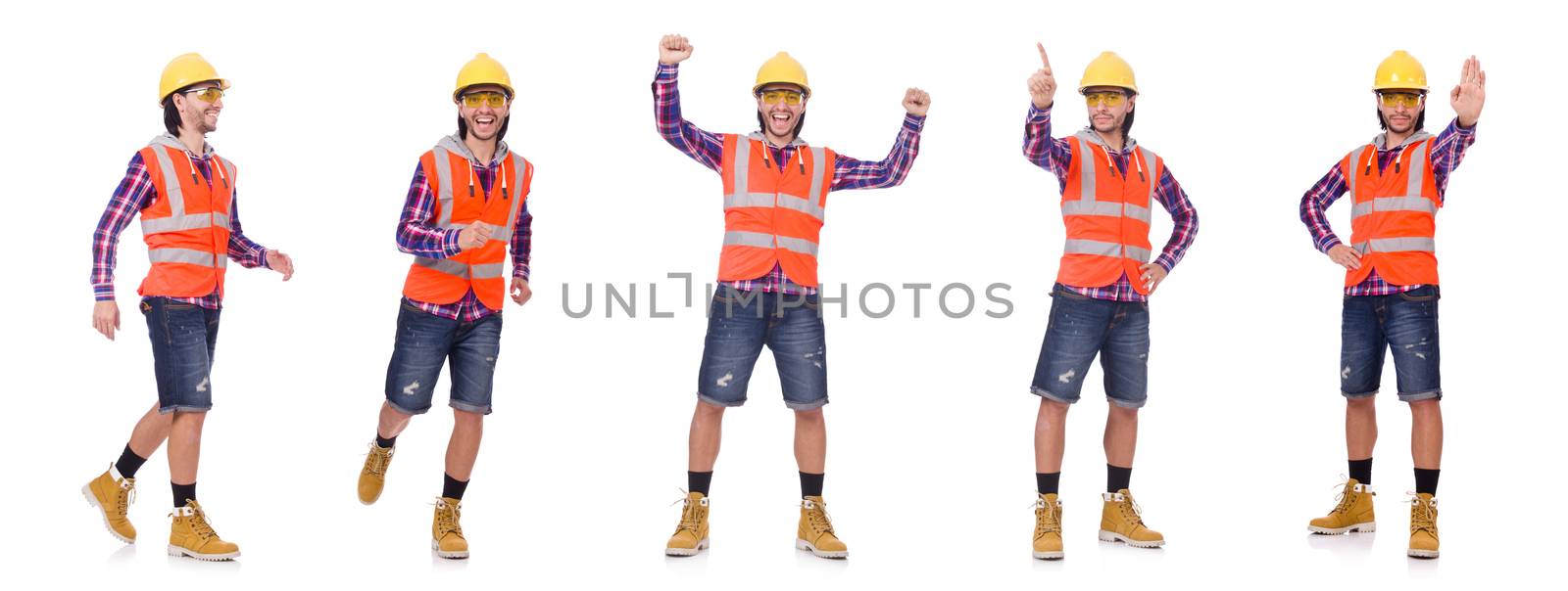 Walking young construction worker isolated on white by Elnur