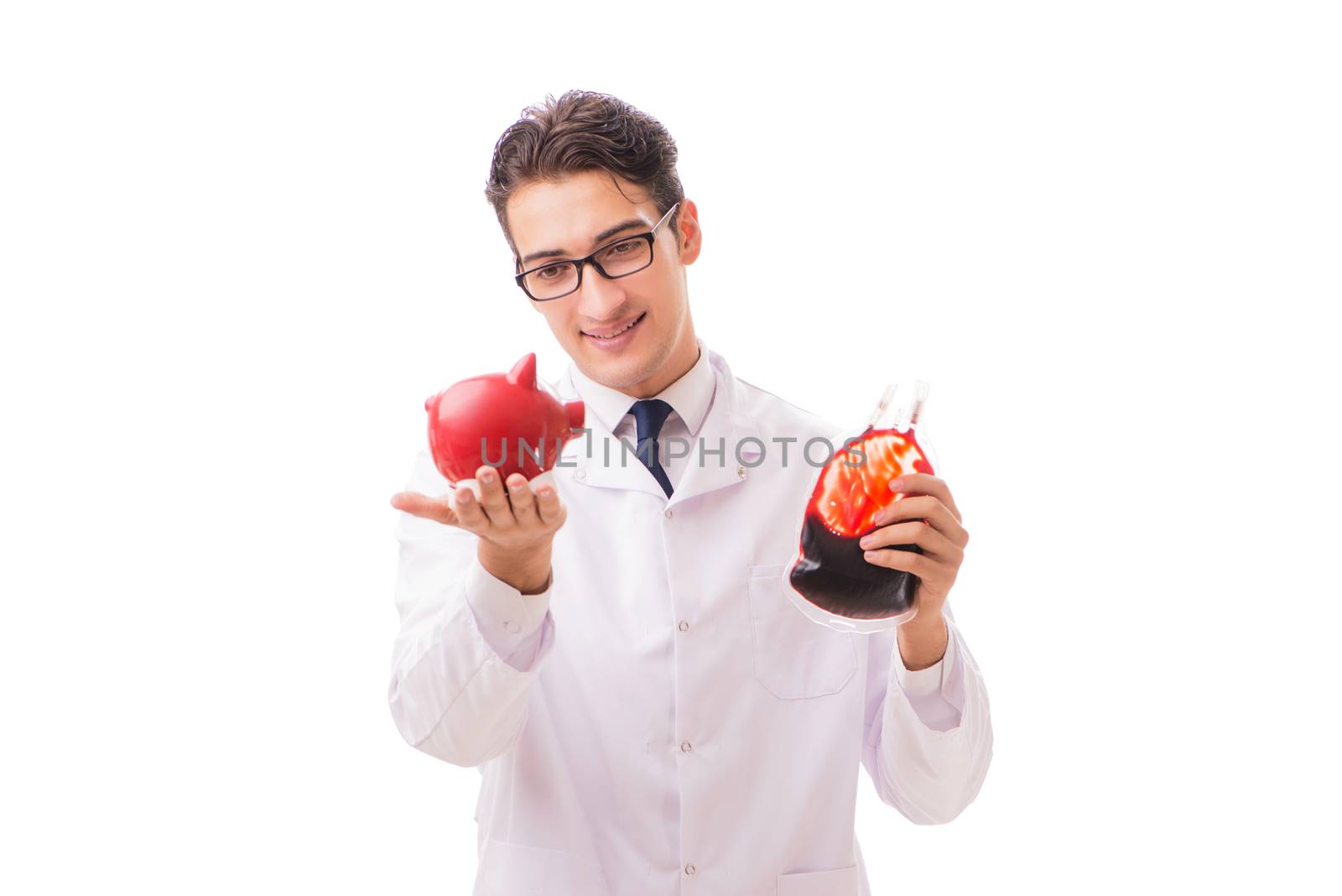 Doctor in blood donation concept isolated on white