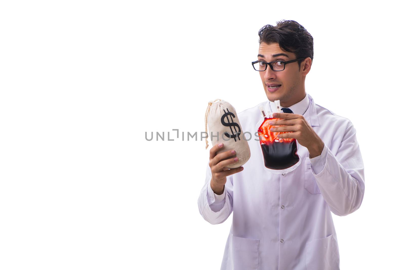 Doctor in blood donation concept isolated on white
