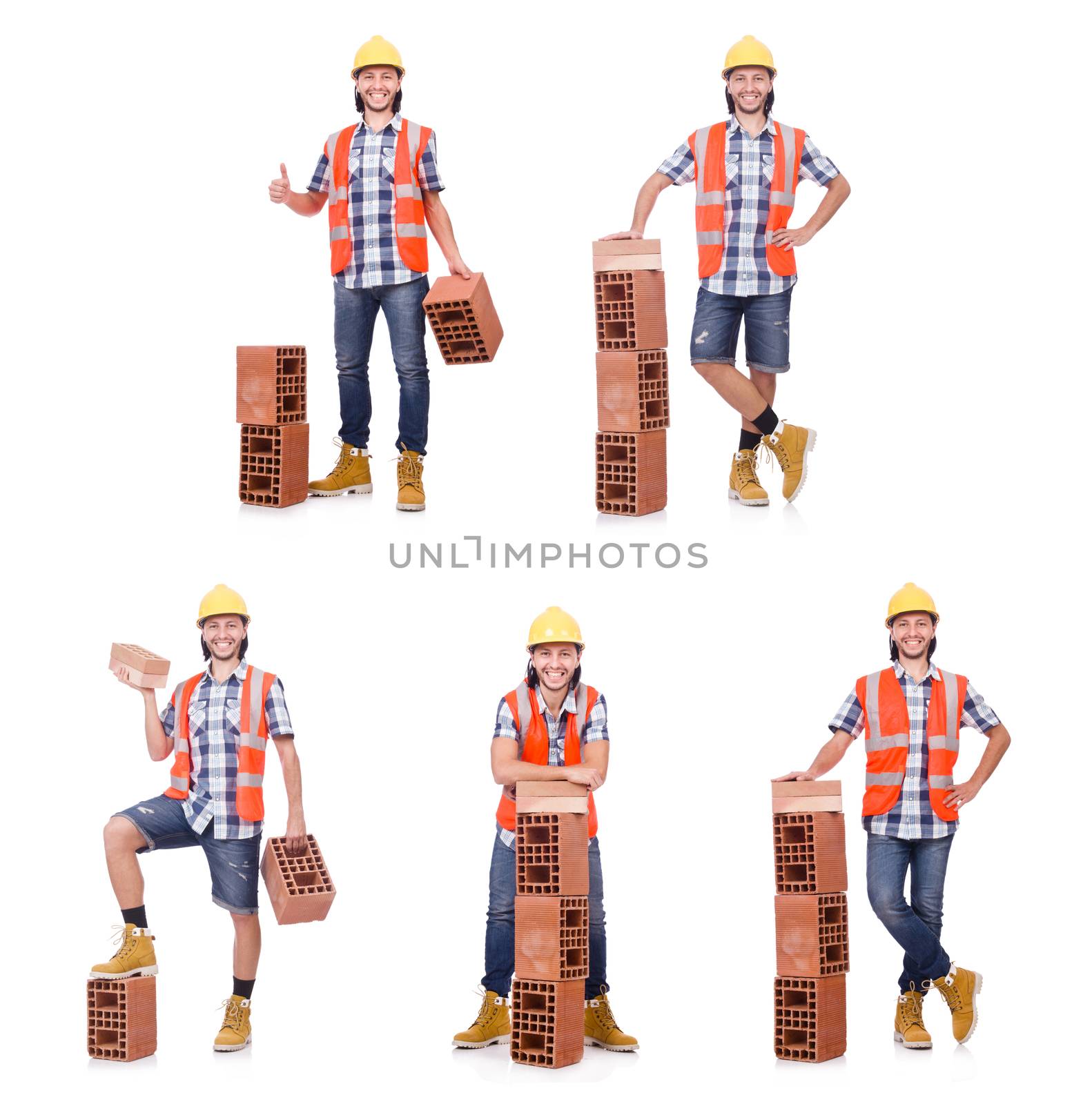 Builder with clay bricks isolated on white