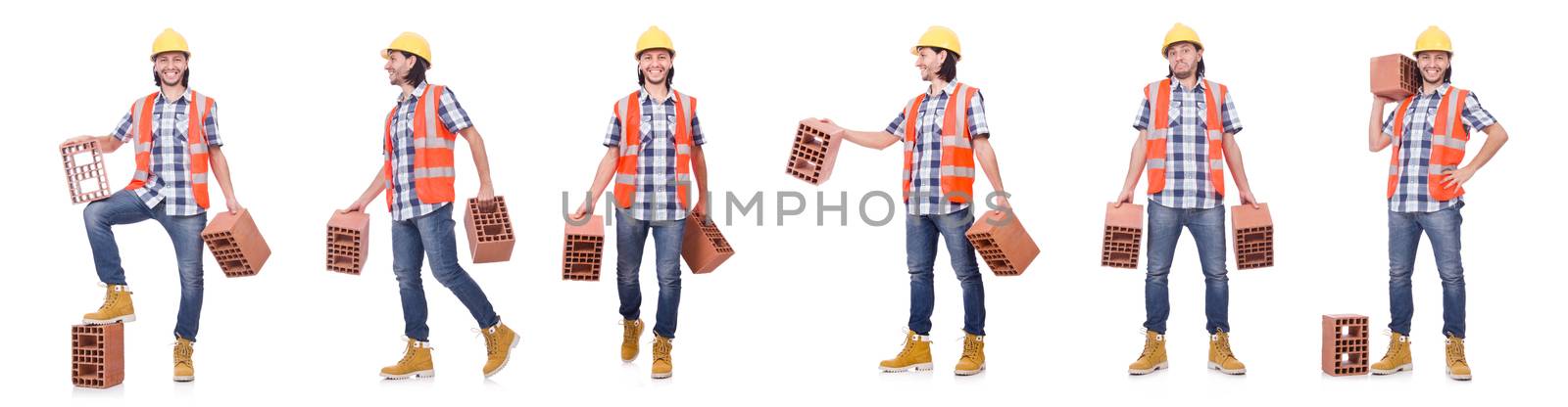 Builder with clay bricks isolated on white by Elnur