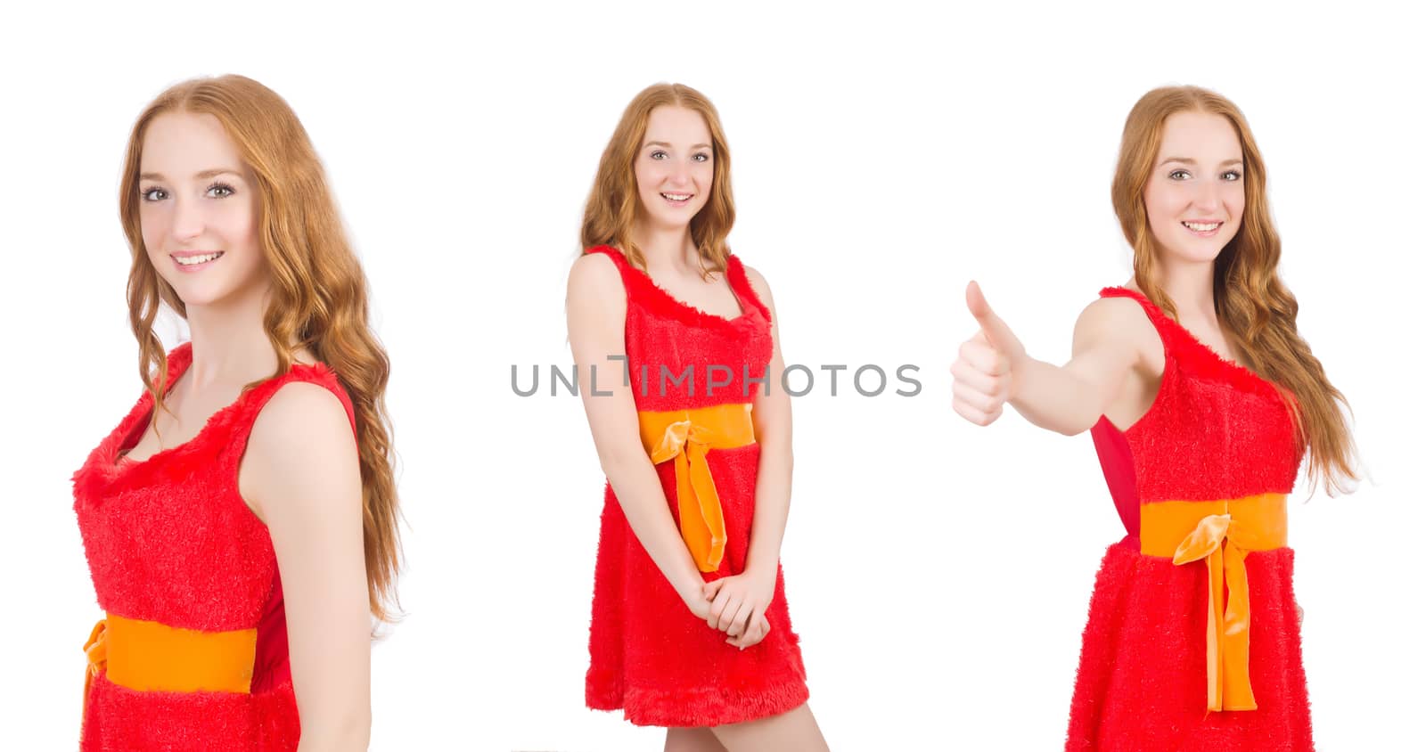 Young beautiful girl in red dress thunms up isolated on white