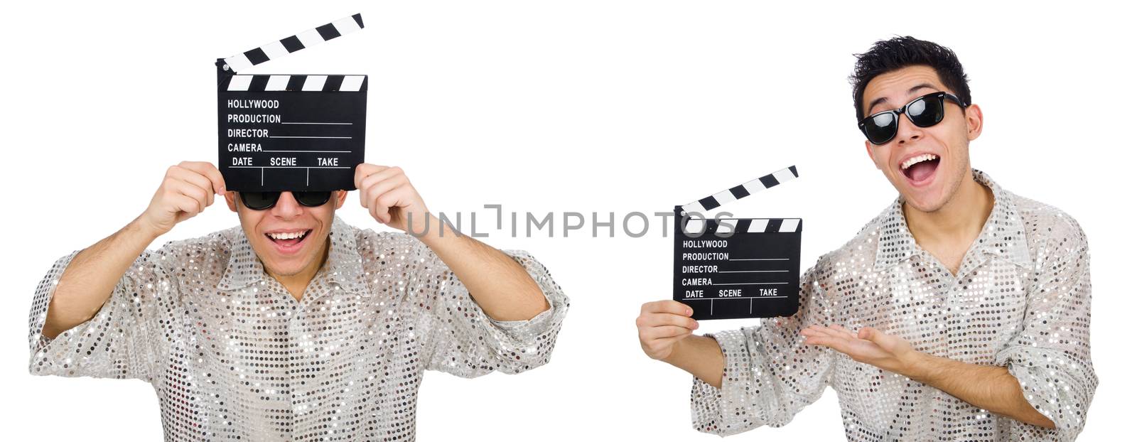 Man with movie clapperboard isolated on white