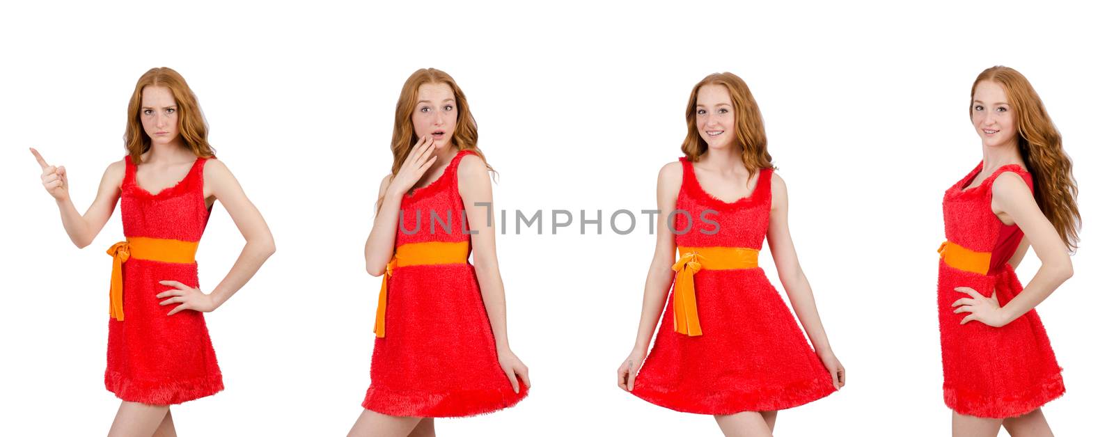 Pretty young girl in red dress isolated on white by Elnur