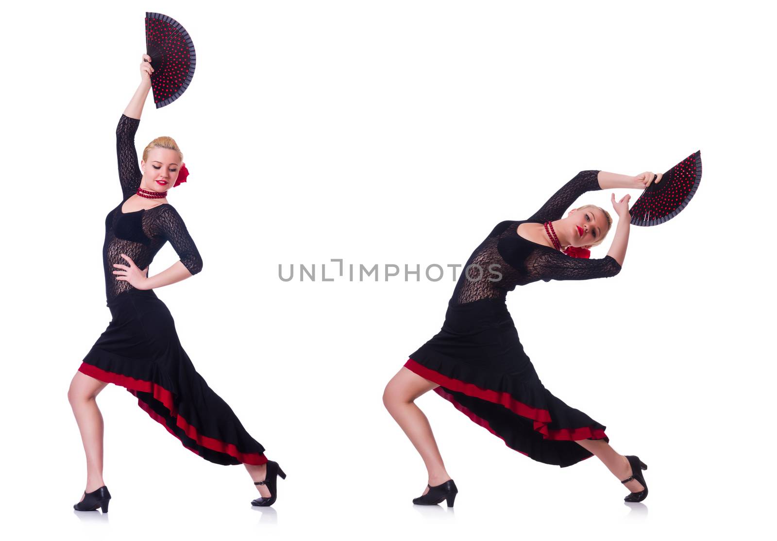 Woman dancing spanish dance isolated on white