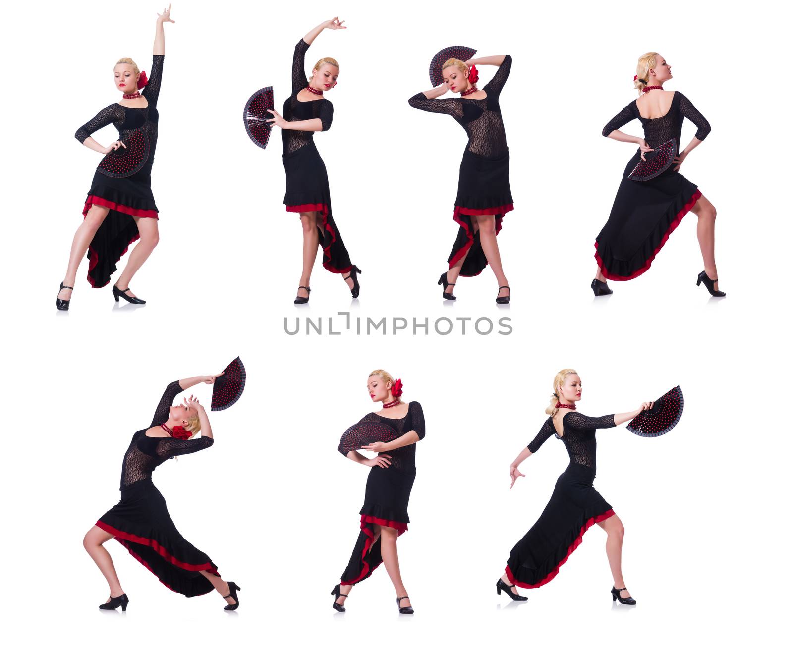 Woman dancing spanish dance isolated on white