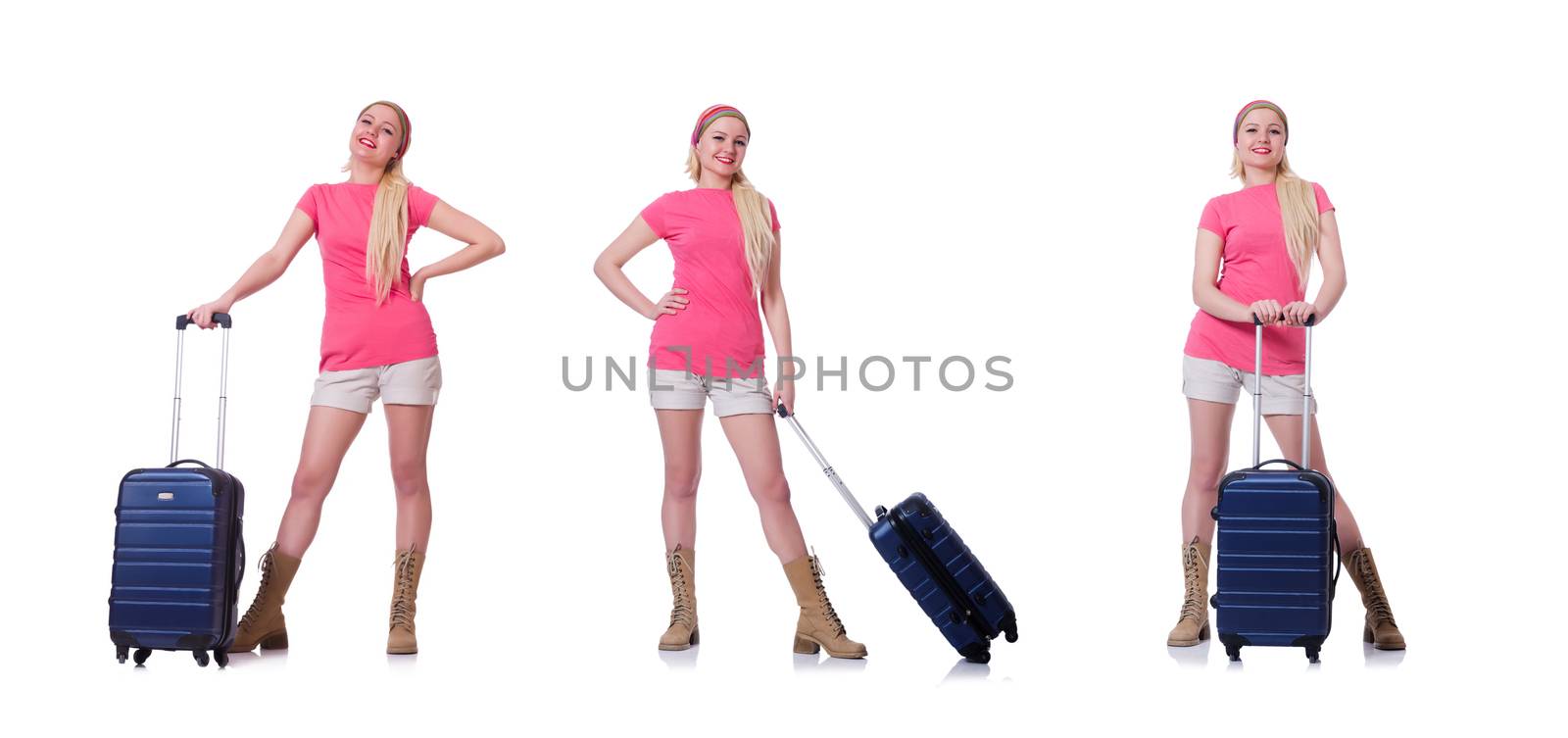 Young woman with suitcase ready for beach holiday