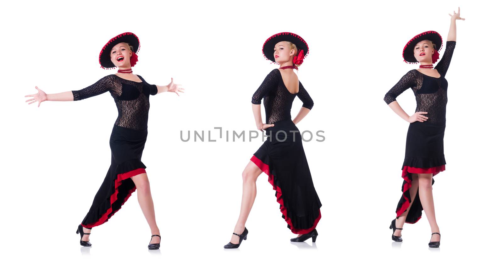 Woman dancing spanish dance isolated on white