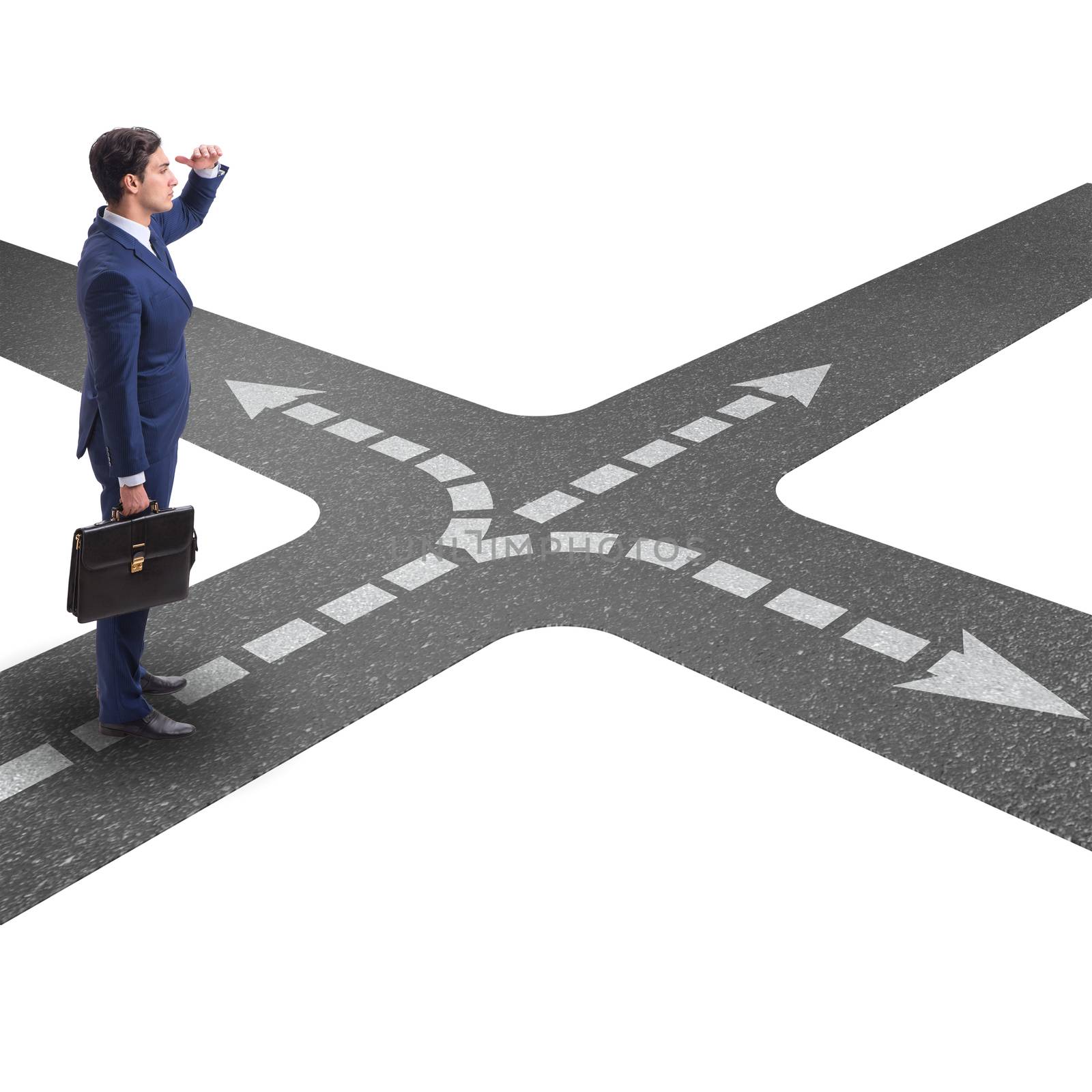 Young businessman at crossroads in uncertainty concept by Elnur