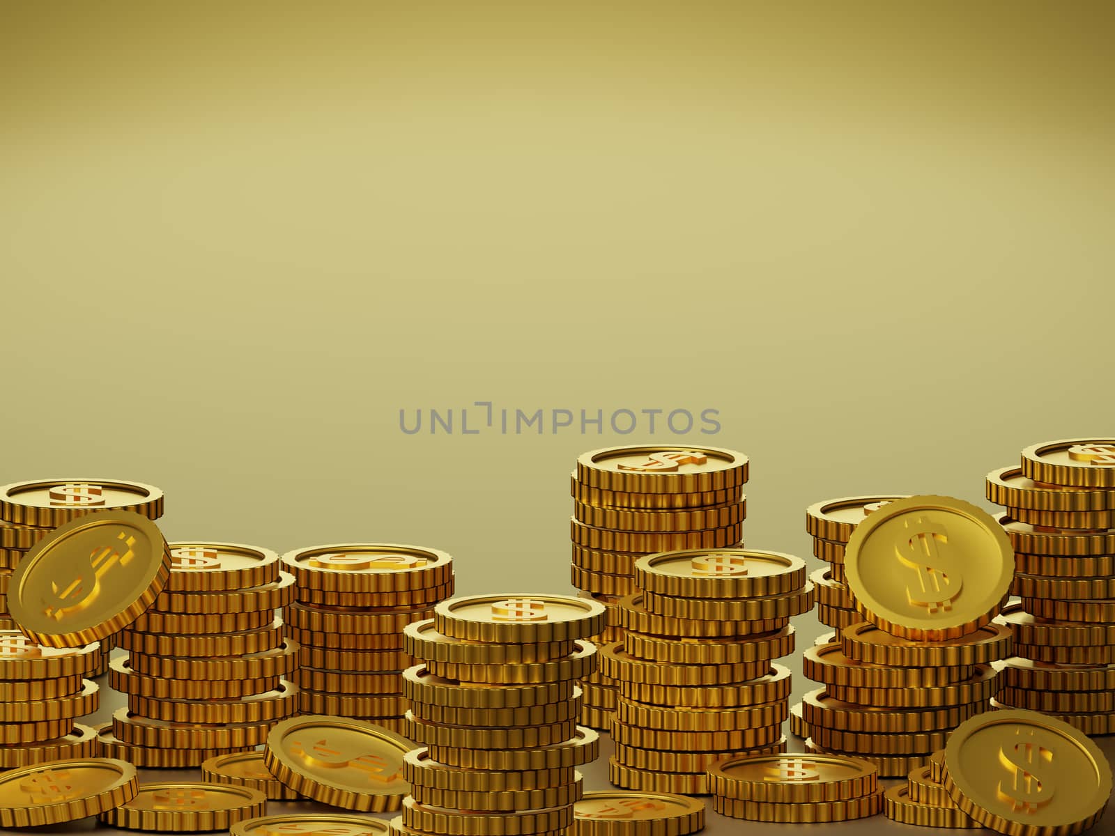 Stacks of golden coins on gold yellow background. 3D