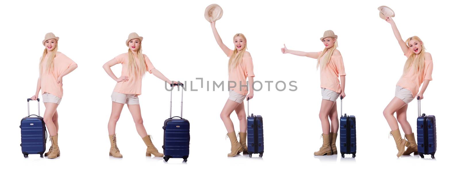 Young woman with suitcase ready for beach holiday