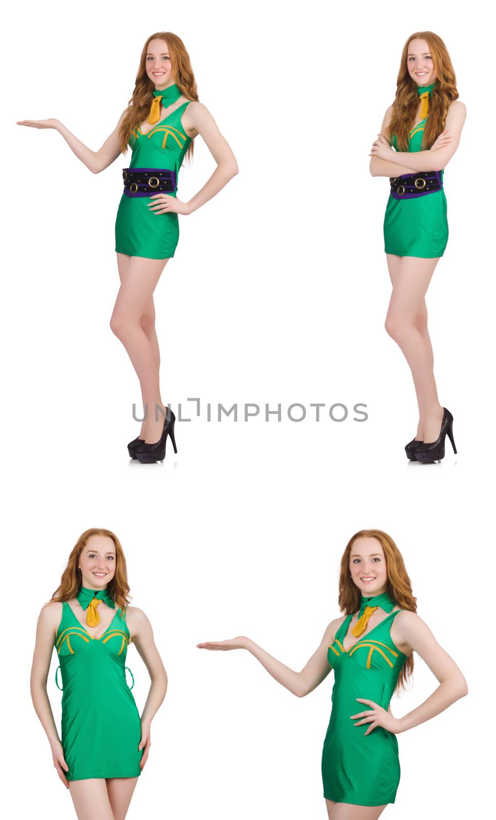 Young sexy girl in green dress isolated on white