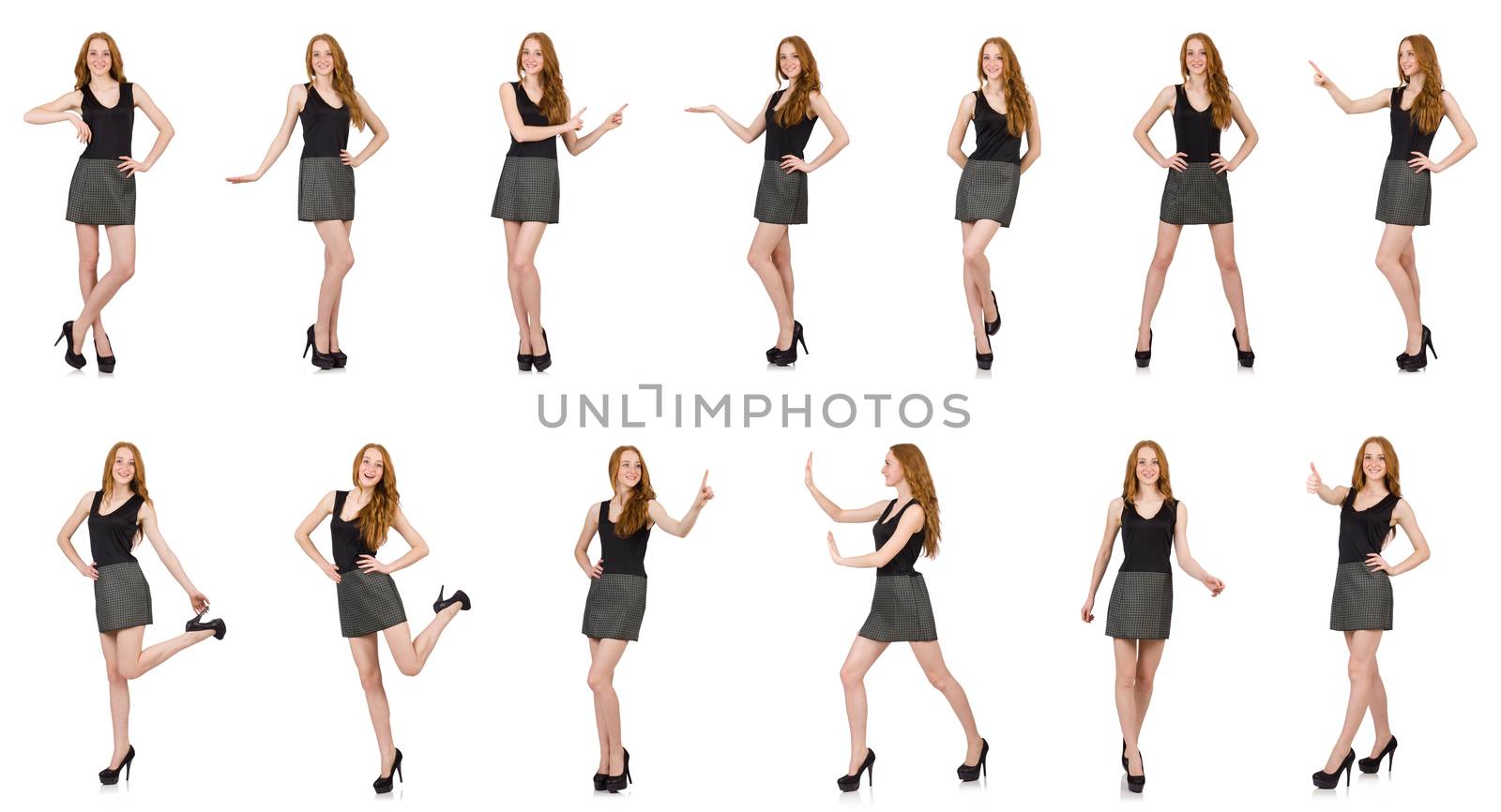 Red hair girl in gray dress isolated on white