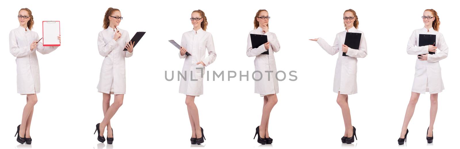 Pretty female doctor holding diary isolated on white