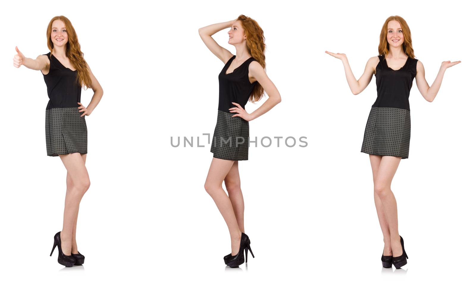 Red hair girl in gray dress isolated on white