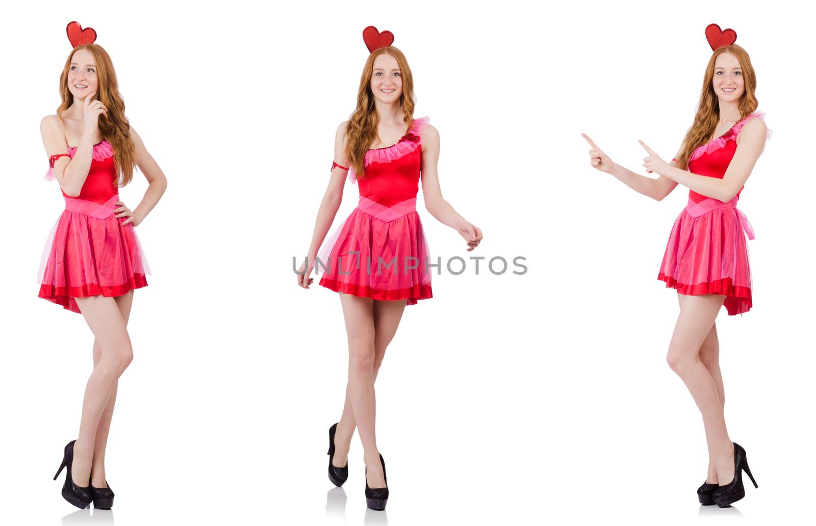 Pretty young model in mini pink dress isolated on white