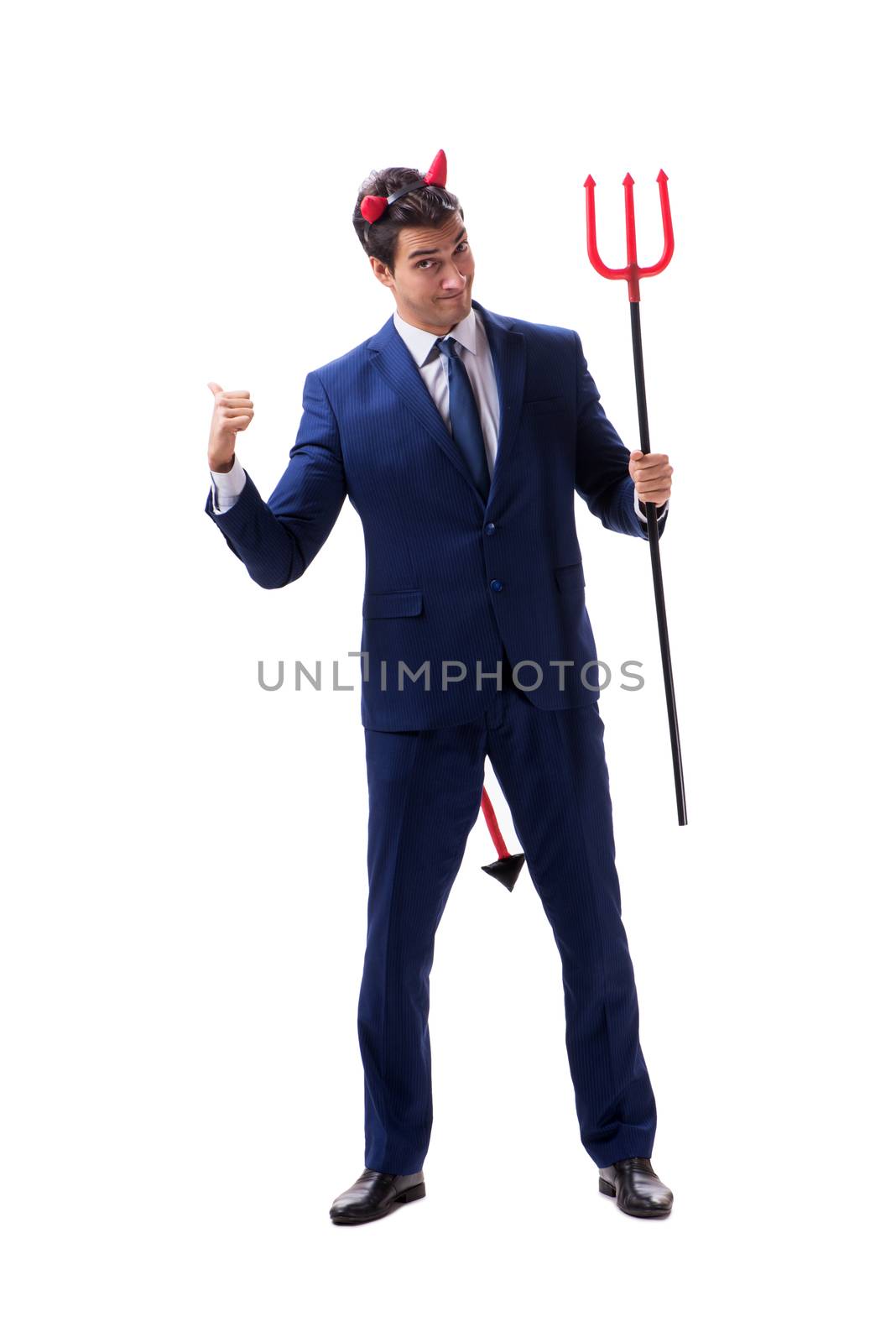 Evil devil businessman with pitchfork isolated on white background