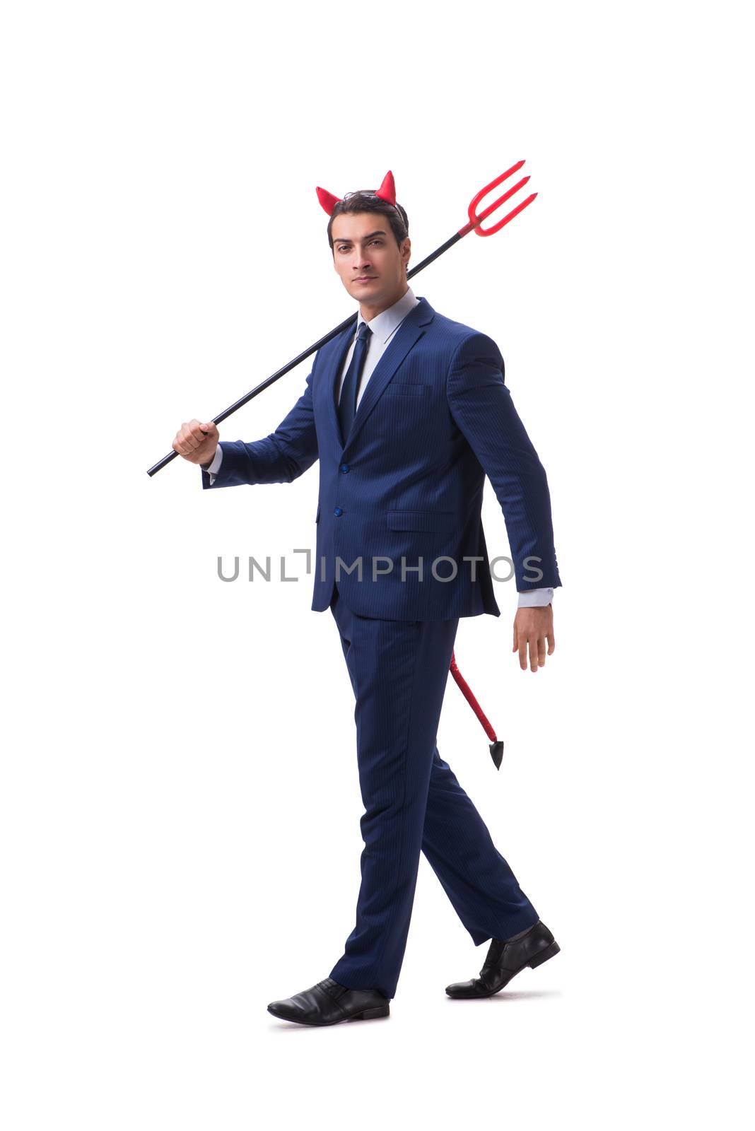 Evil devil businessman with pitchfork isolated on white background