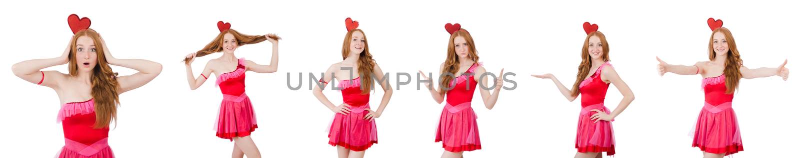 Pretty young model in mini pink dress isolated on white