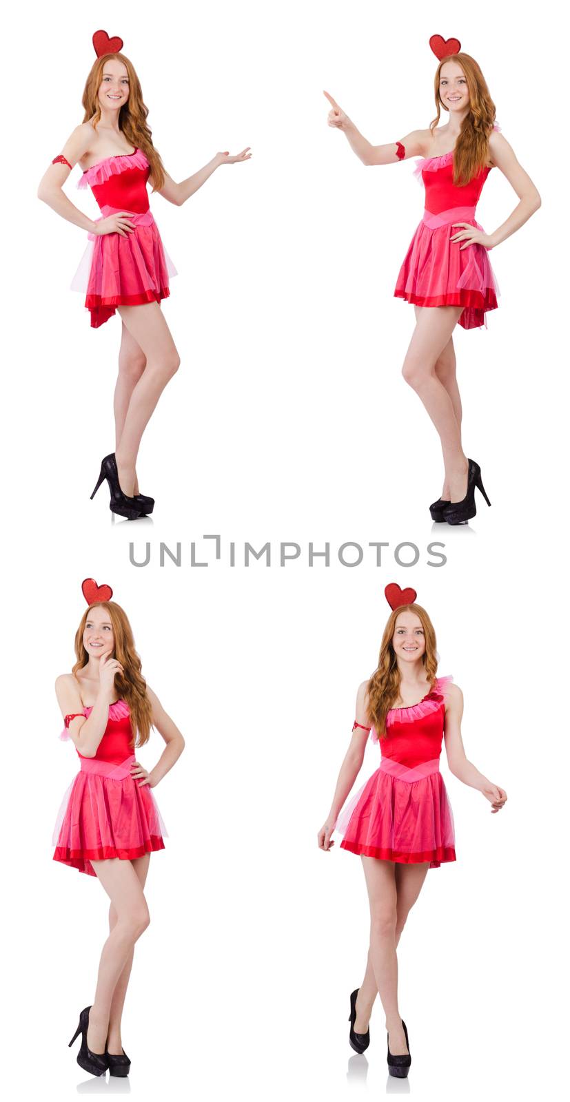 Pretty young model in mini pink dress isolated on white