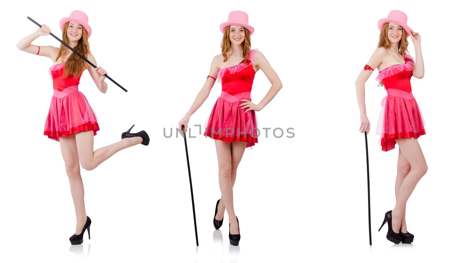 Pretty young wizard in mini pink dress isolated on white