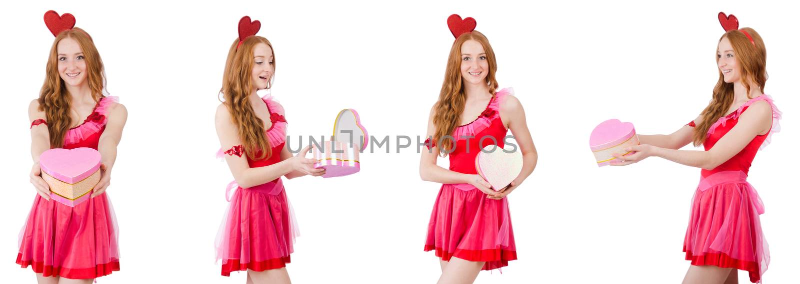 Pretty young model in mini pink dress holding gift box isolated on white