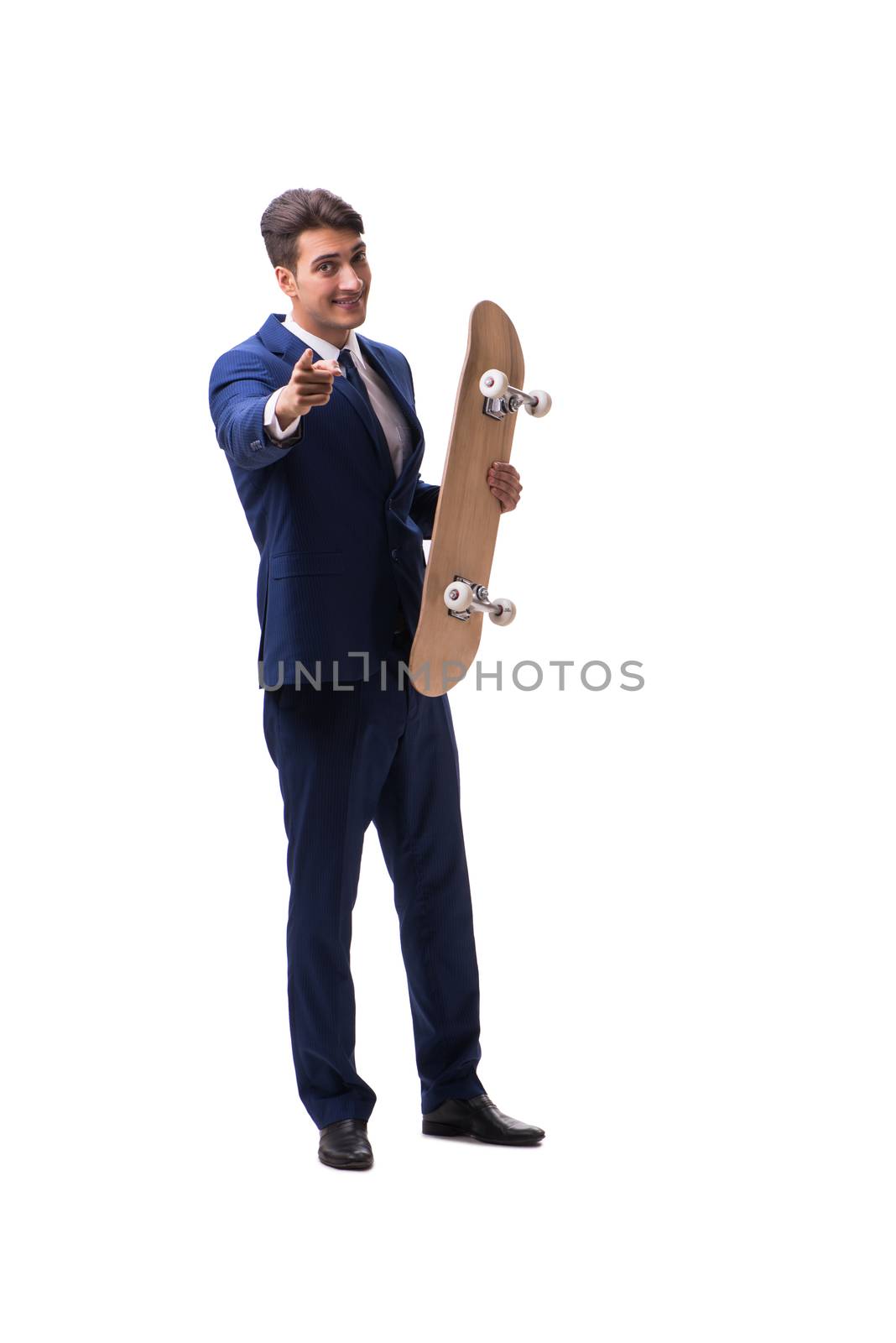 Businessman with skateboard isolated on white background