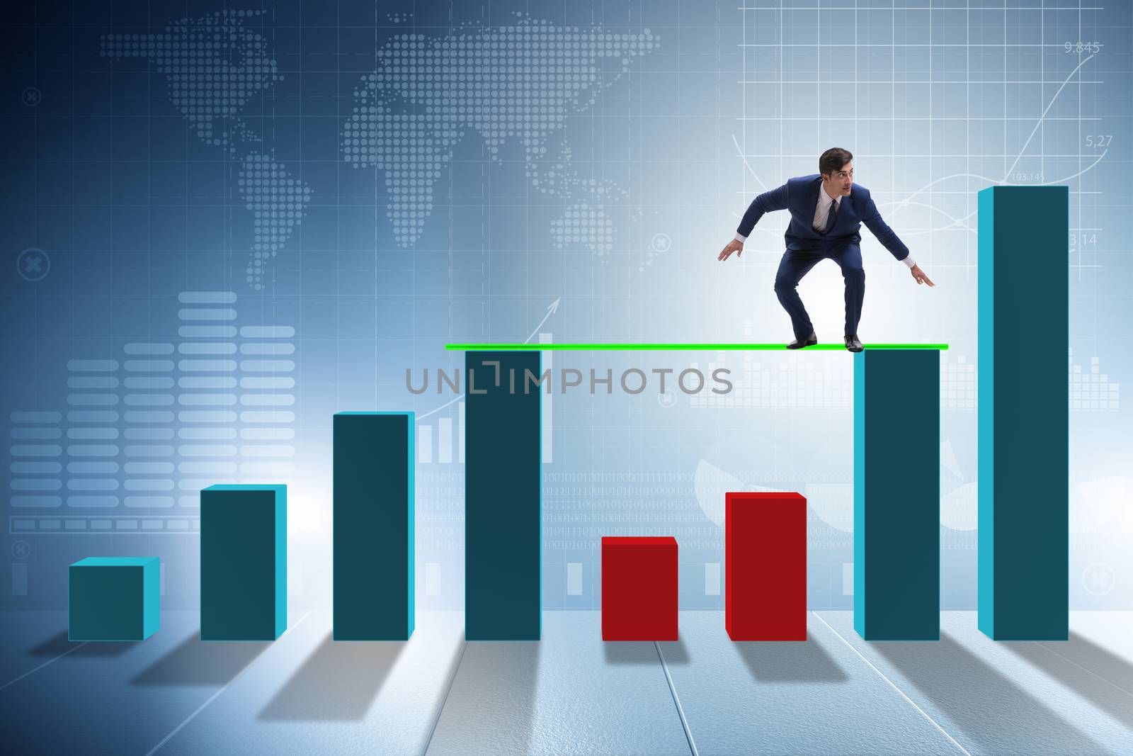 Young businessman in business concept with bar charts