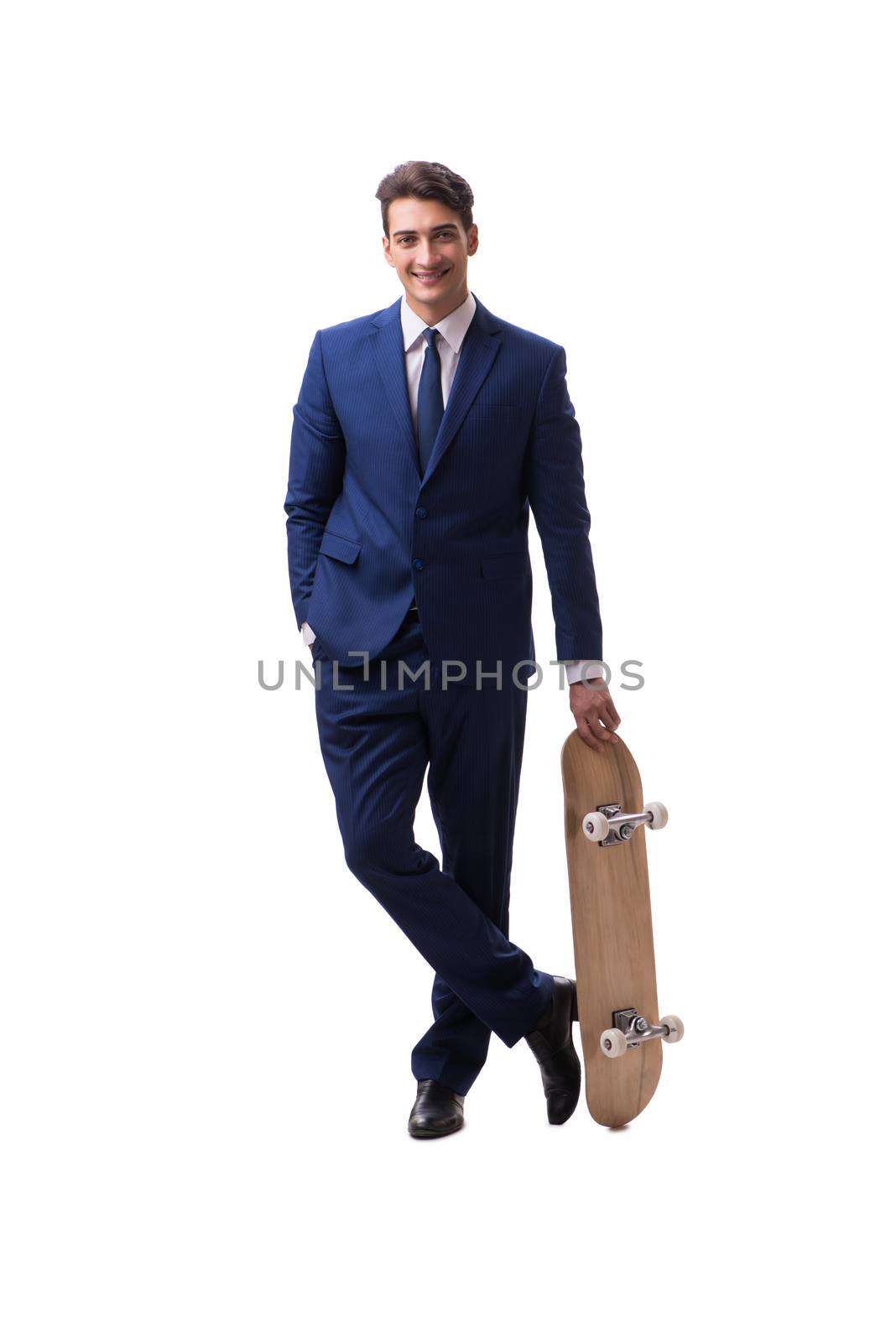 Businessman with skateboard isolated on white background