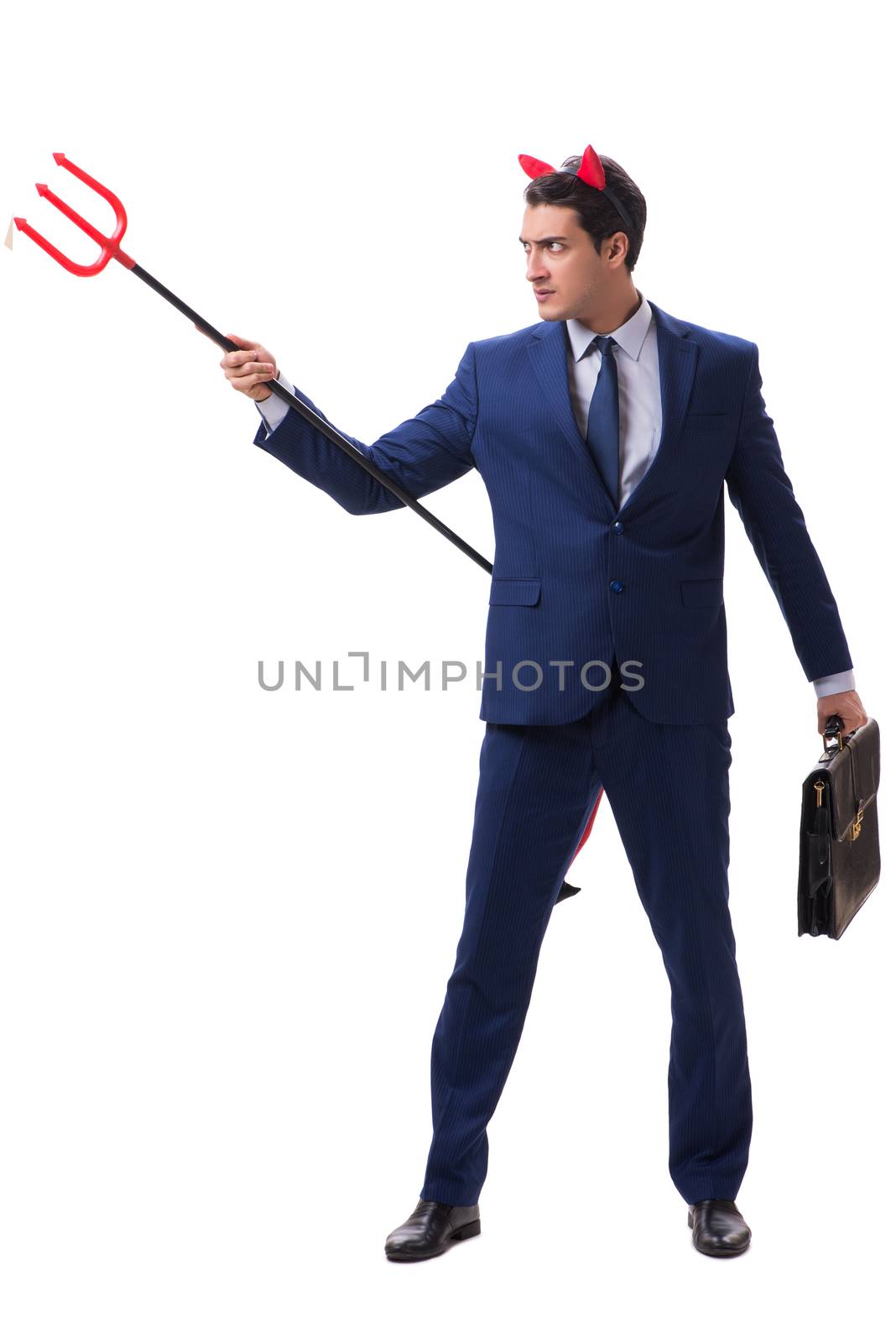 Evil devil businessman with pitchfork isolated on white background