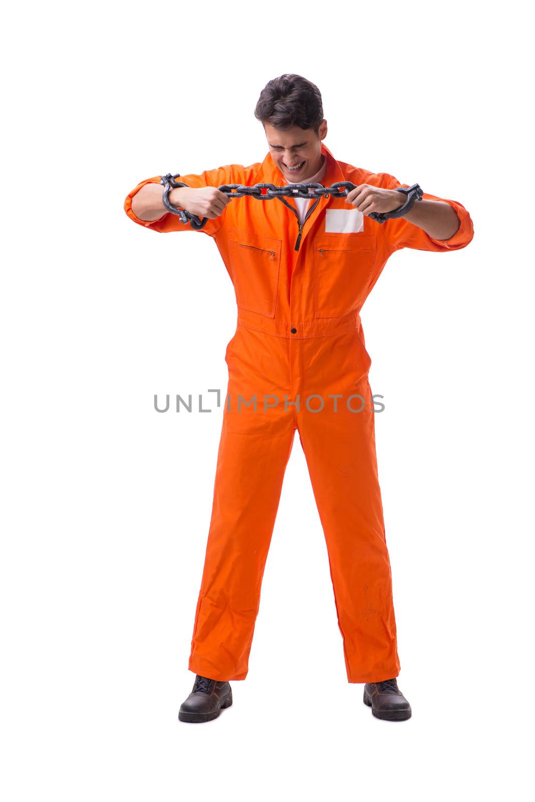 Prisoner with his hands chained isolated on white background
