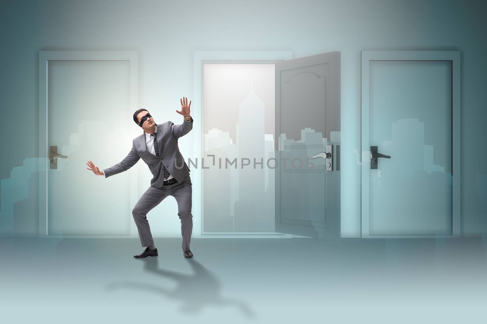 Confused businessman in front of doors