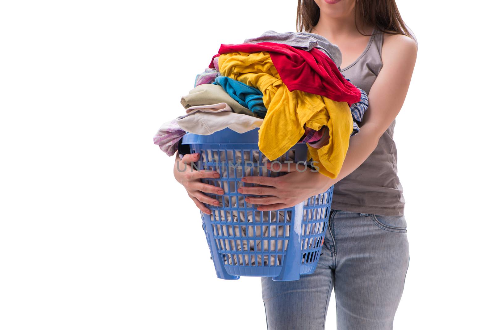 Woman with basket of clothing for laundry