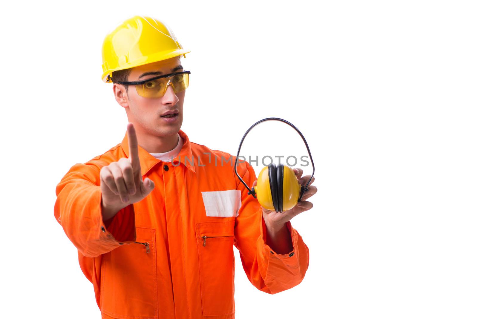 Construction worker with noise cancelling earphones