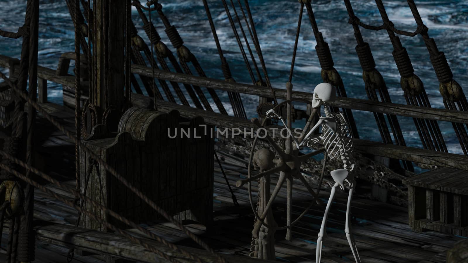 Captain skeleton holding the steering wheel of a ghost sailboat by night time - 3d rendering