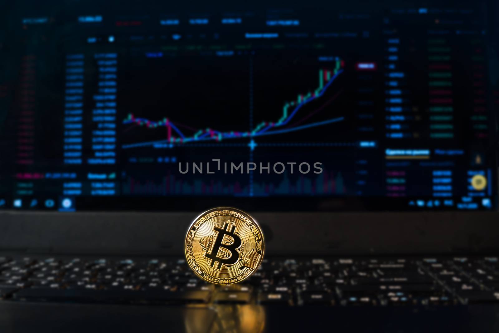 A bitcoin coin on the background of a chart displaying the price on a currency exchange or Forex. Bitcoin exchange rate, electronic money or currency.