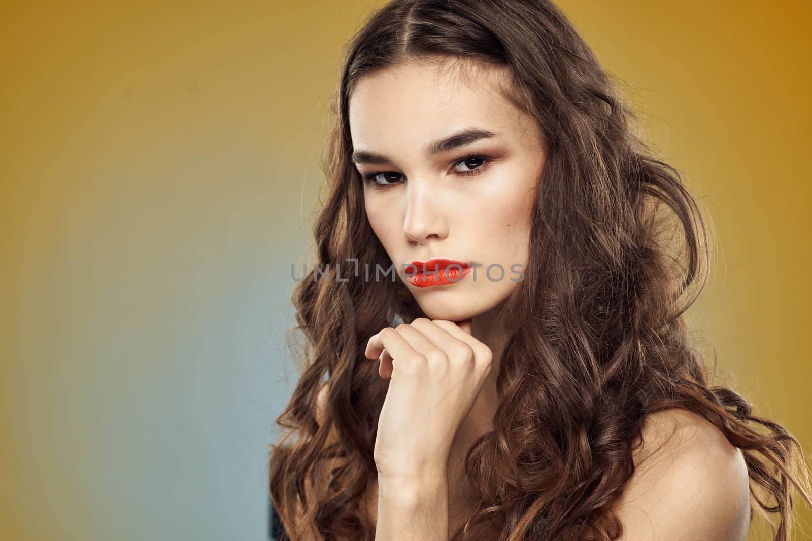 Beautiful glamor woman nude shoulders hairstyle red lips studio by SHOTPRIME